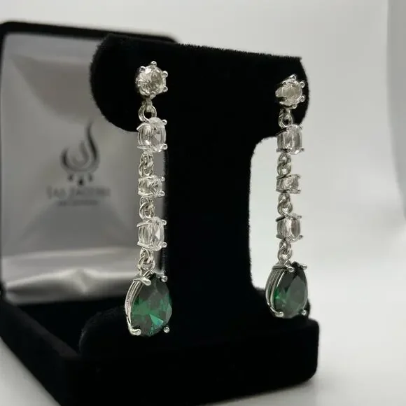 Gorgeous 11ctw Pear Cut Emerald Earrings White Sapphire Earrings Sterling Silver - Picture 2 of 4